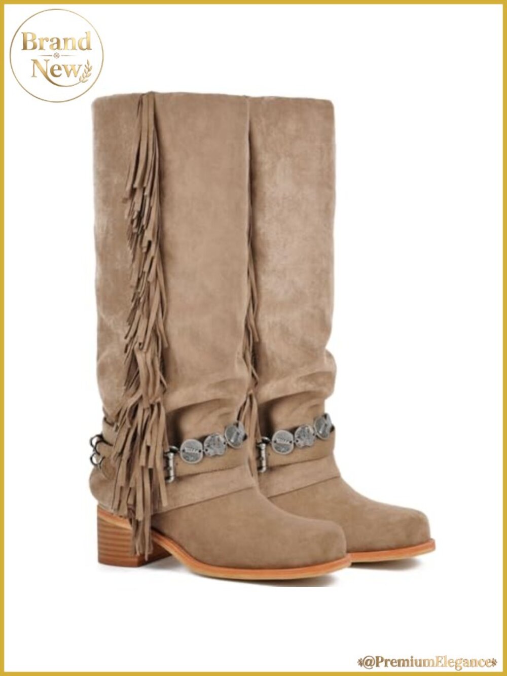Knee High Riding Boots Fringe Buckle Chunky Heel Square Toe